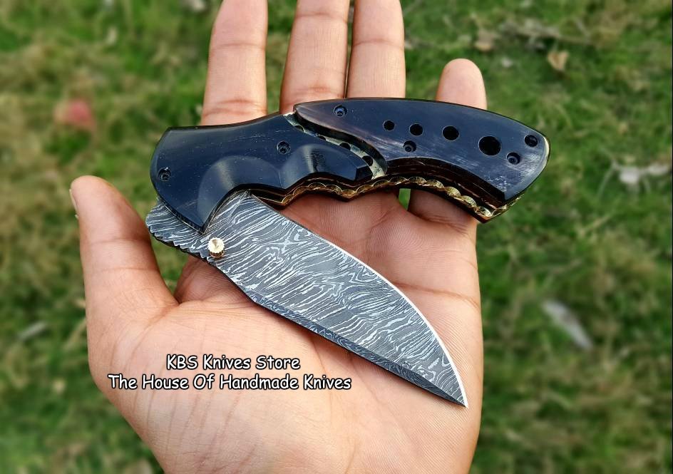 Premium Custom Damascus Steel EDC Folding Knife with Clip and Leather Case - Korvel