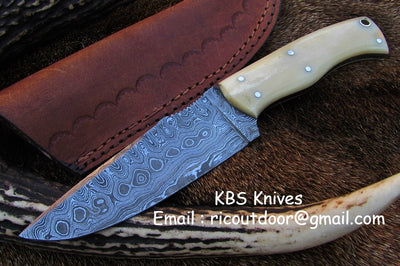 Premium Custom Damascus Deer Hunting Knife | 10" | Bone Grip | KBS Knives - Korvel