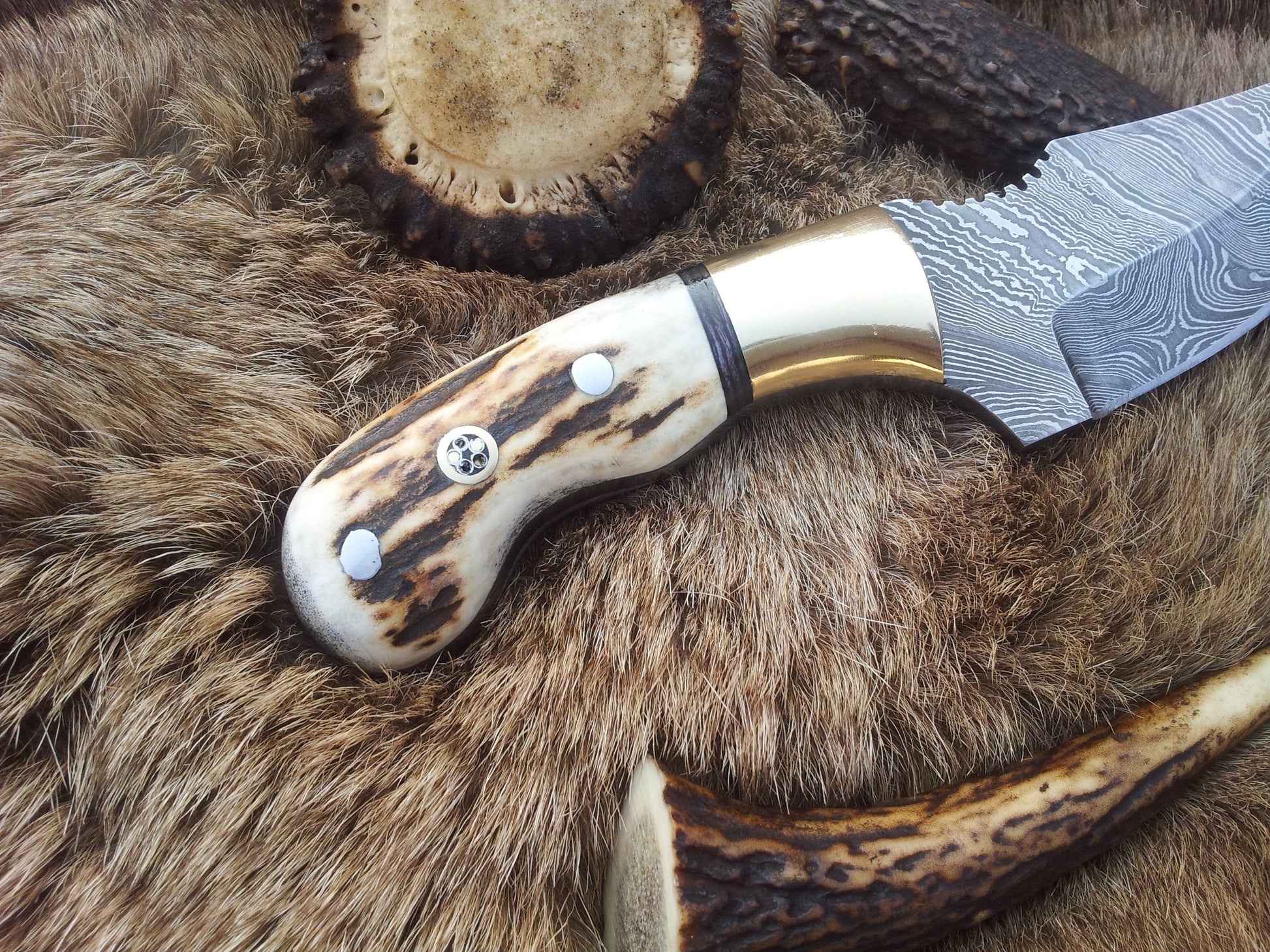 Premium Damascus Steel Hunting Knife – 7.25 Inch Drop Point Blade with Antler Handle and Brass Accents - Korvel