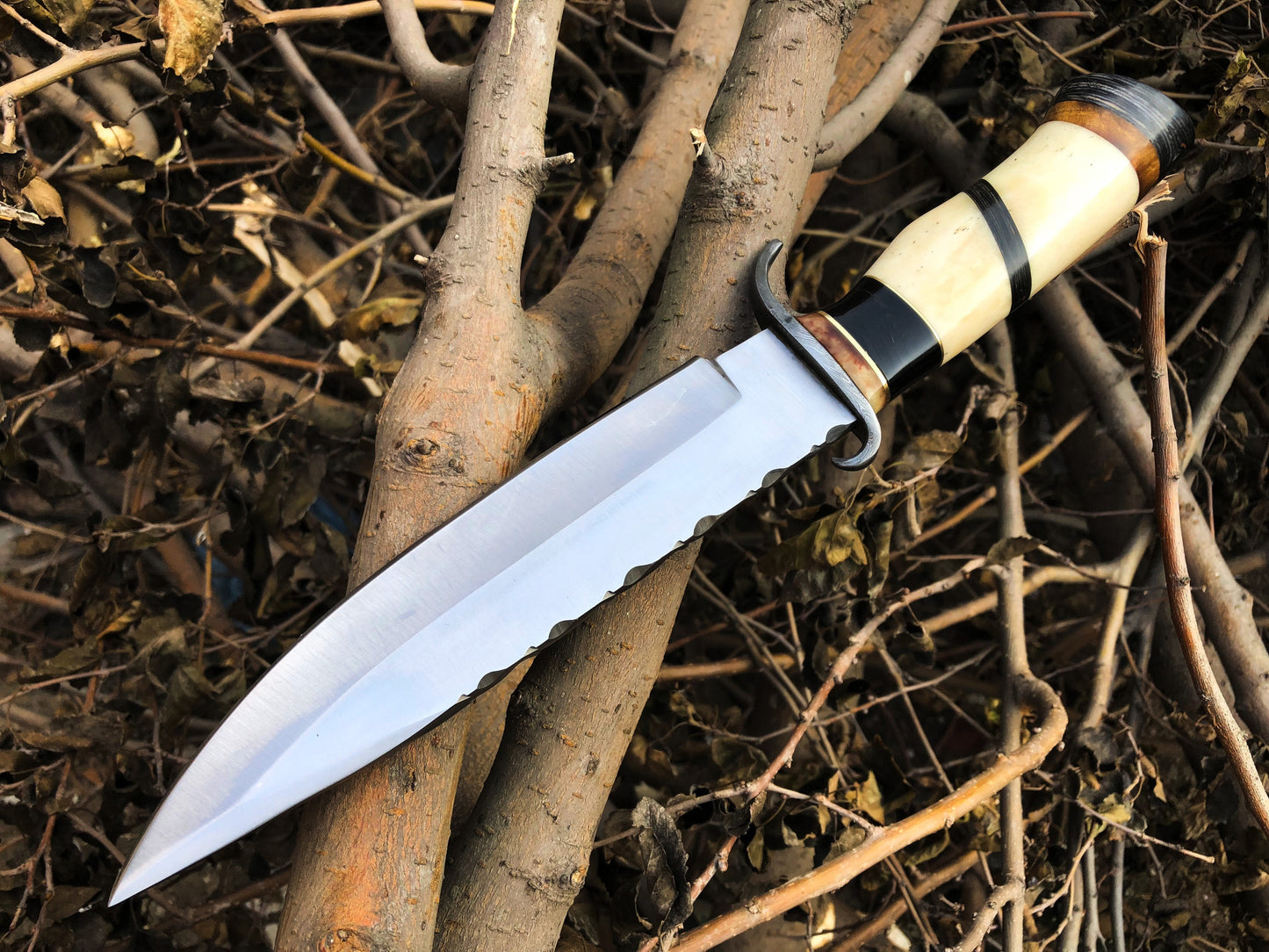 Premium Hunting Bowie Knife | D2 Steel Blade | Artistic Handle with Damascus Guard | 13 Inches | Leather Sheath Included | KBS Knives Store - Korvel