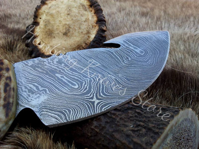 Premium Custom Damascus Deer Guthook Knife with Antler Handle - Korvel