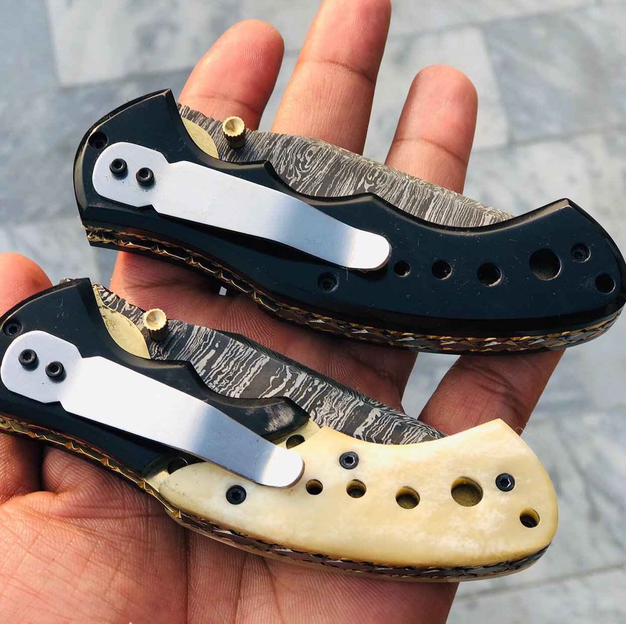 Premium Custom Damascus Steel EDC Folding Knife with Clip and Leather Case - Korvel