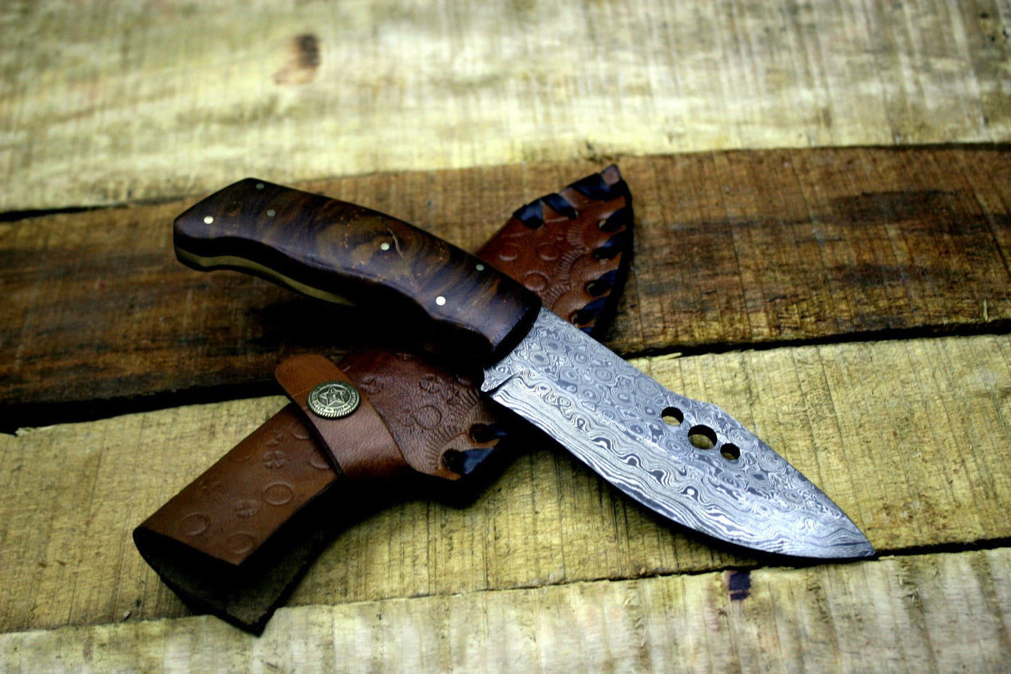 Premium Custom Damascus Steel Raindrop Hunting and Skinning Knife - Korvel