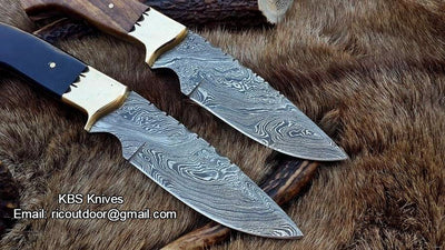 Set of 2 Exquisite Handmade 9-Inch Damascus Steel Hunting Knives - Rosewood & Buffalo Horn Handles - Korvel