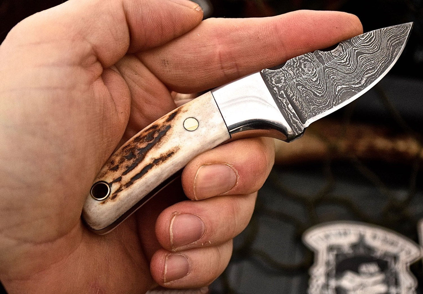 Artisan Crafted Damascus Steel EDC Mini Knife with Antler Handle - Korvel