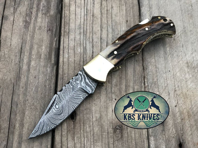 Exquisite Custom Handmade Damascus Steel EDC Folding Knife with Antler Handle - Korvel
