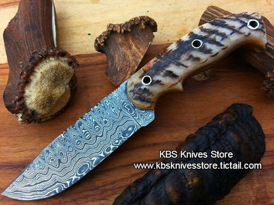 Premium Custom Damascus Steel Hunting Knife with Sheep Horn Handle - Korvel