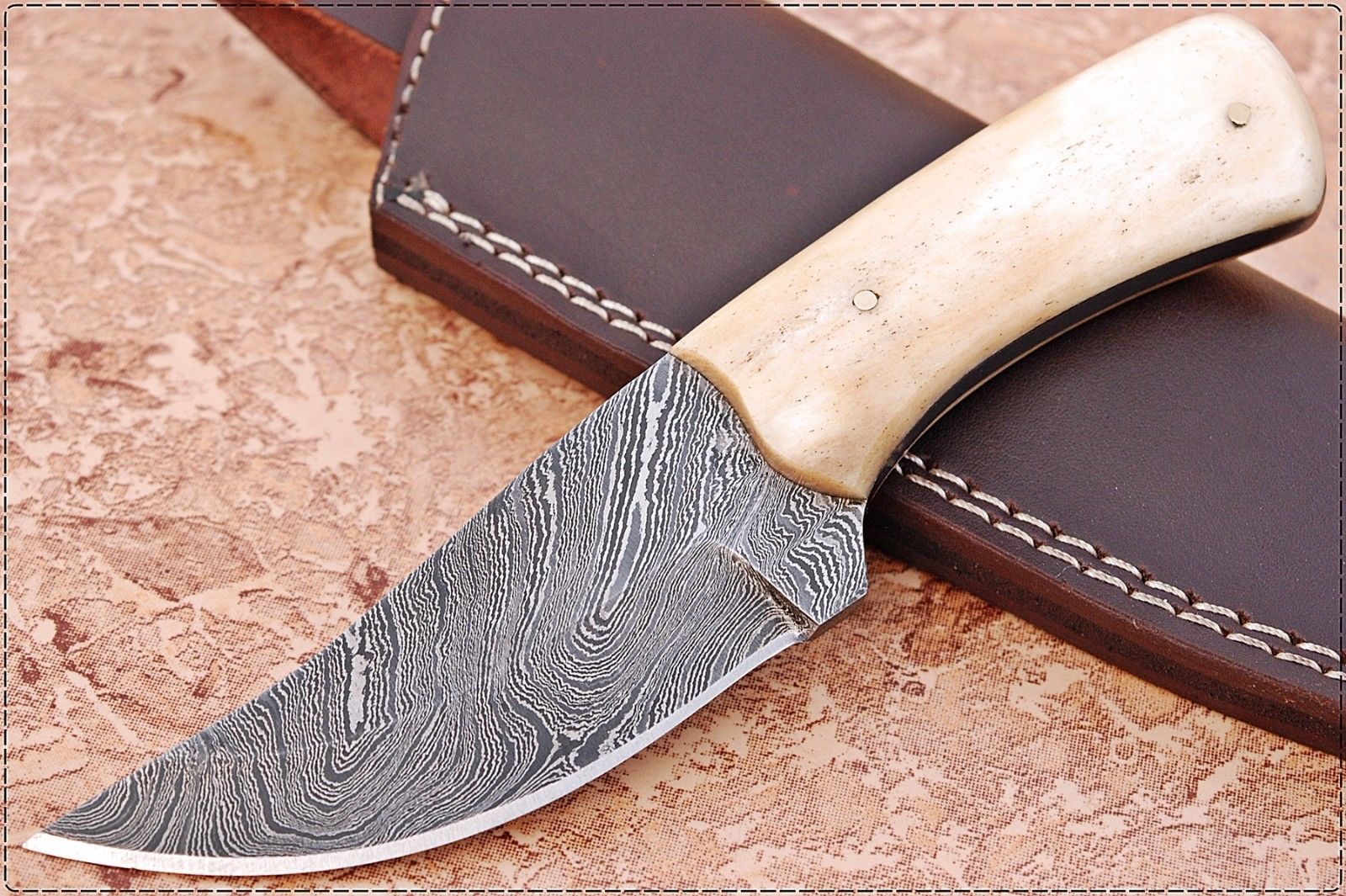 Premium Damascus Steel Skinning Knife with Camel Bone Handle - Korvel