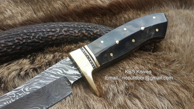 Premium 9-Inch Damascus Steel Hunting Knife with Buffalo Horn Handle & Brass Guard | KBS Knives - Korvel