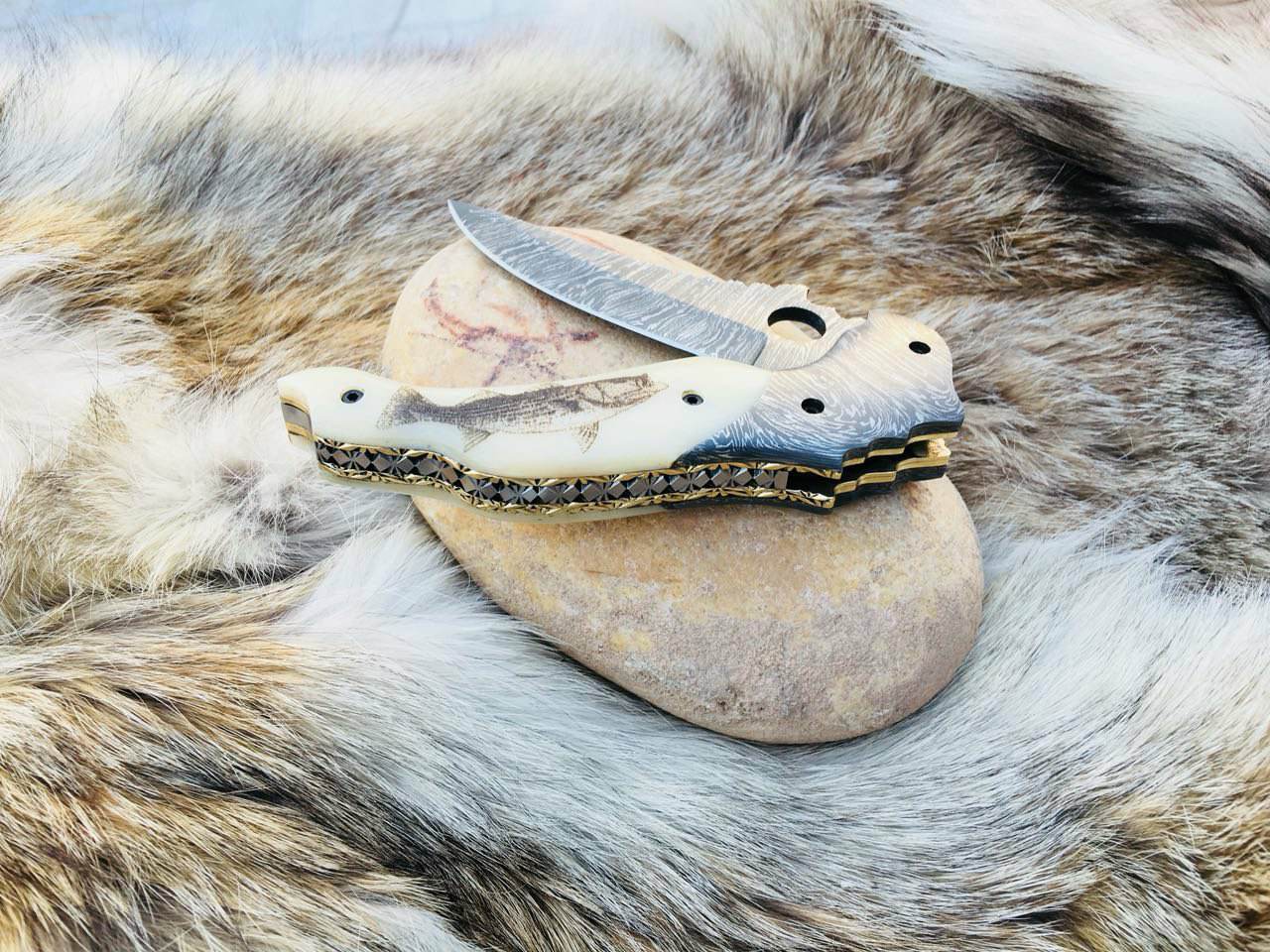 Artisan Crafted Damascus Steel Folding Pocket Knife with Engraved Bone Handle & Leather Sheath - Korvel