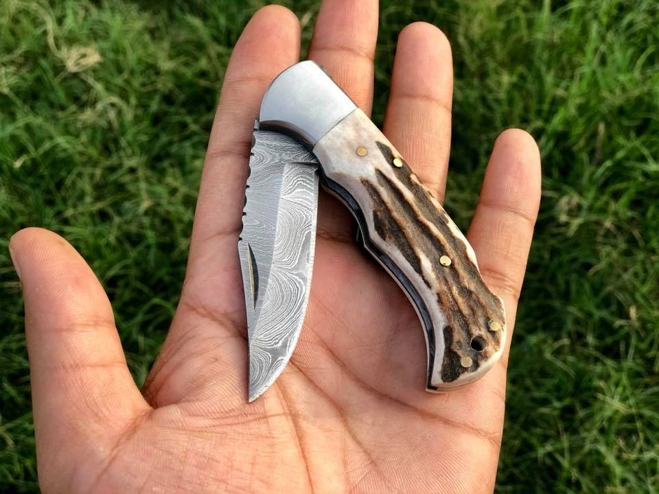 Exquisite Custom Handmade Damascus Steel EDC Pocket Knife with Antler Handle - Korvel