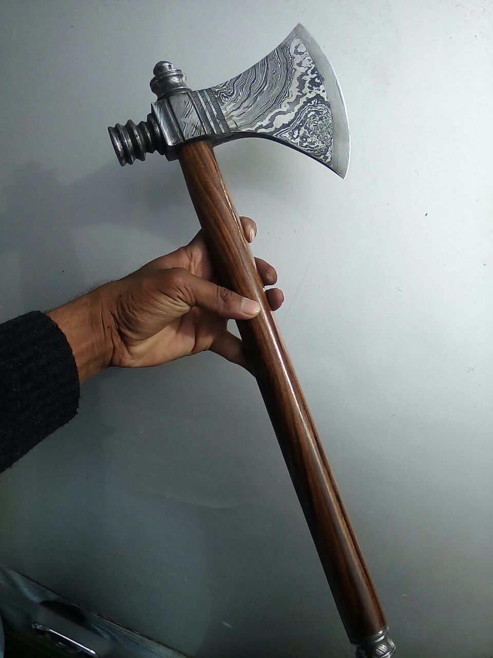 Custom Viking Smoke Pine Tomahawk Axe - Damascus Steel with Rosewood Handle & Leather Sheath - Korvel