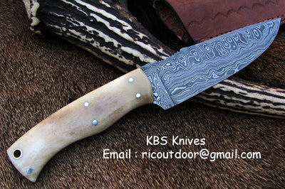 Premium Custom Damascus Deer Hunting Knife | 10" | Bone Grip | KBS Knives - Korvel