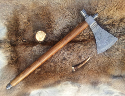 Custom Viking Tomahawk Axe - Damascus Steel with Rosewood Handle & Leather Sheath - Korvel