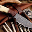 Artisan Damascus Deer Skinning Knife – Elegant Rosewood & Bone Handle, 8.5" with Leather Sheath - Korvel