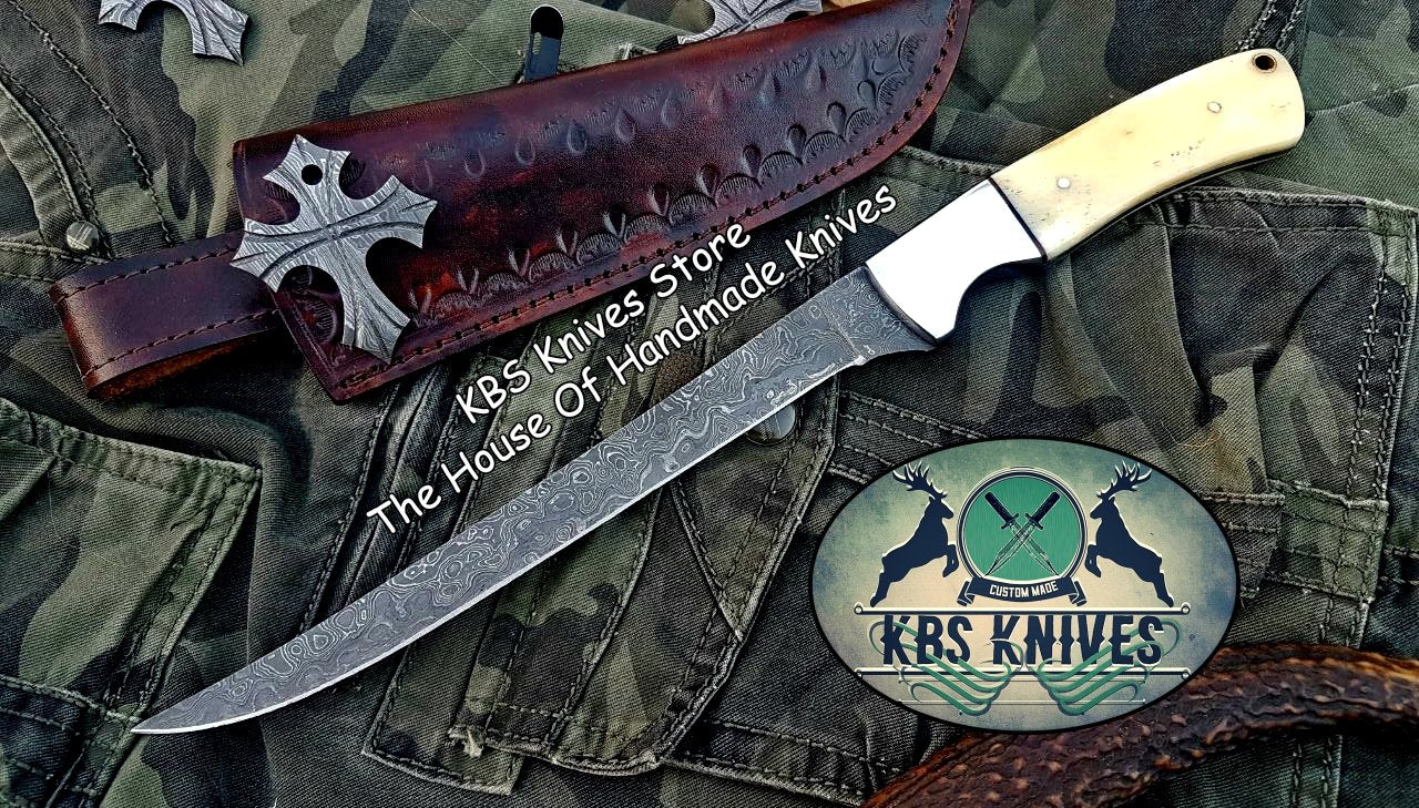KBS Knives Store Artisan Damascus Steel Fillet Knife with Bone & Steel Handle and Leather Sheath - Korvel