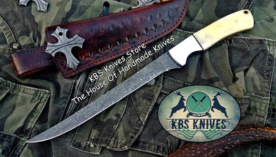 KBS Knives Store Artisan Damascus Steel Fillet Knife with Bone & Steel Handle and Leather Sheath - Korvel