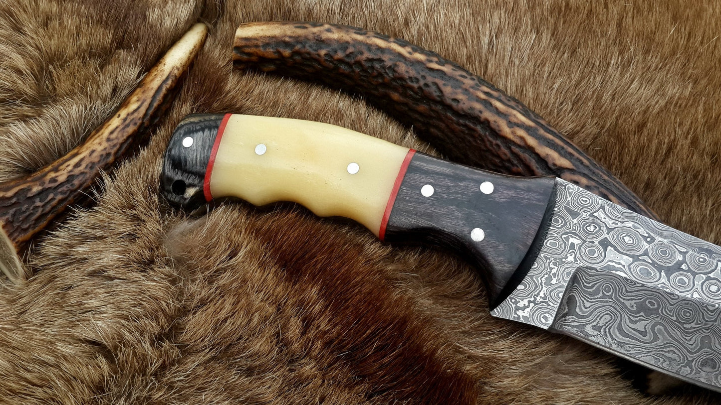 The Ultimate Hunter: Custom Damascus Steel Fixed-Blade Knife | Camel Bone & Exotic Wood | 10-Inch | KBS Knives - Korvel