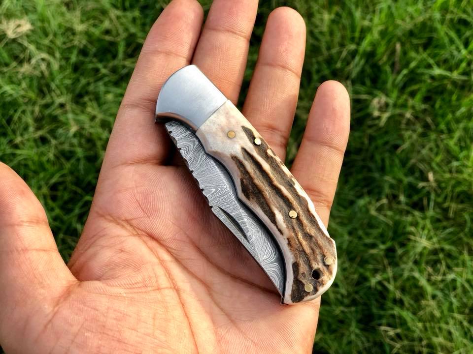 Exquisite Custom Handmade Damascus Steel EDC Pocket Knife with Antler Handle - Korvel