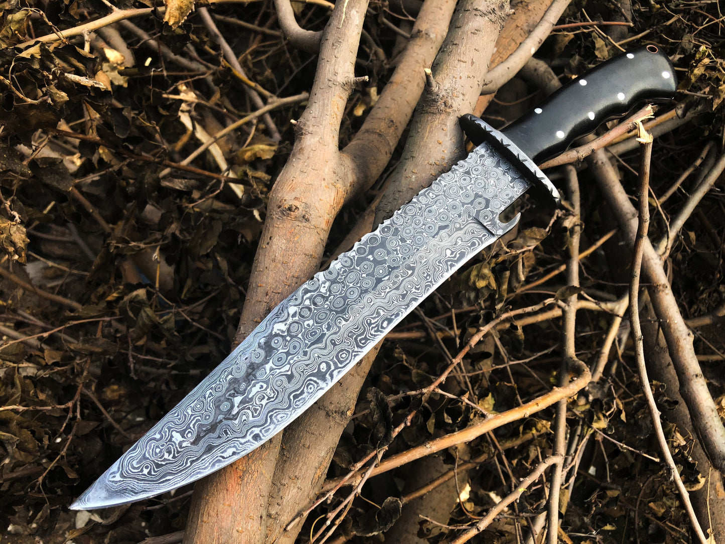 Premium Big Bowie Knife for Hunting | Full Tang Raindrop Damascus Blade | Micarta Handle & Damascus Guard | 17 Inches | Leather Sheath Inclu - Korvel