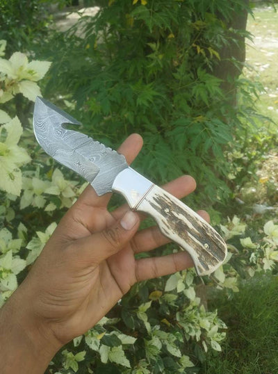 Artisan Crafted Damascus Steel Elk Antler Guthook Knife - Korvel