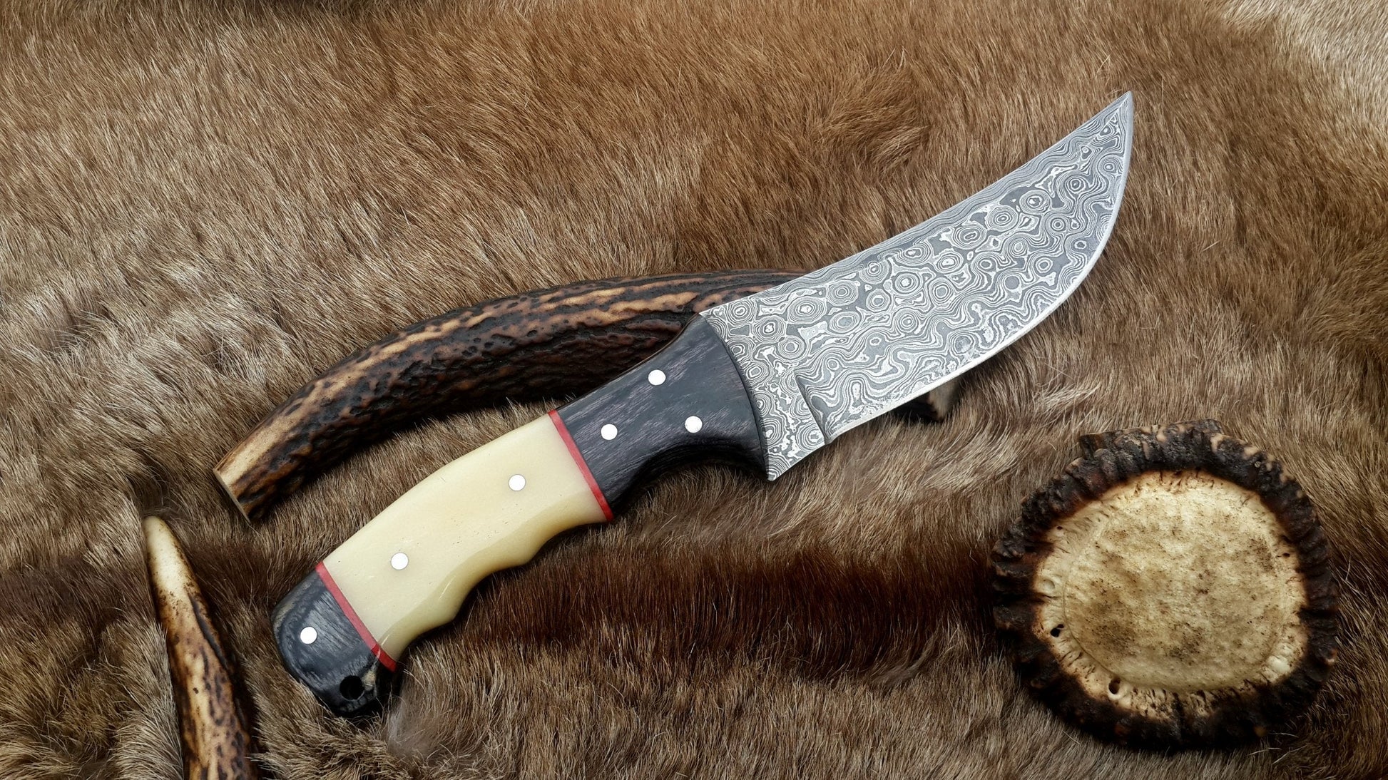 The Ultimate Hunter: Custom Damascus Steel Fixed-Blade Knife | Camel Bone & Exotic Wood | 10-Inch | KBS Knives - Korvel