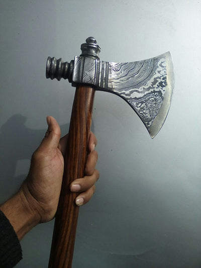 Custom Viking Smoke Pine Tomahawk Axe - Damascus Steel with Rosewood Handle & Leather Sheath - Korvel