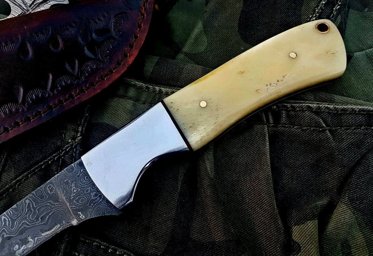 KBS Knives Store Artisan Damascus Steel Fillet Knife with Bone & Steel Handle and Leather Sheath - Korvel
