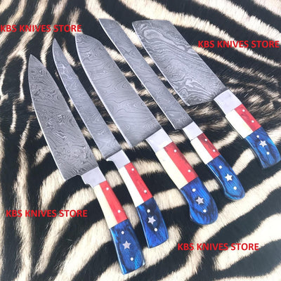 Premium Handmade Damascus Steel Kitchen Knife Set with Flag Handles - Korvel