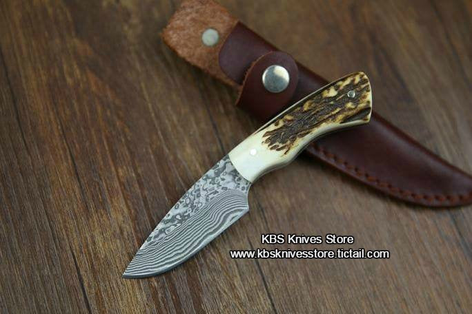 Premium Custom Twist Damascus Hunting Knife with Red Stag Handle - Korvel