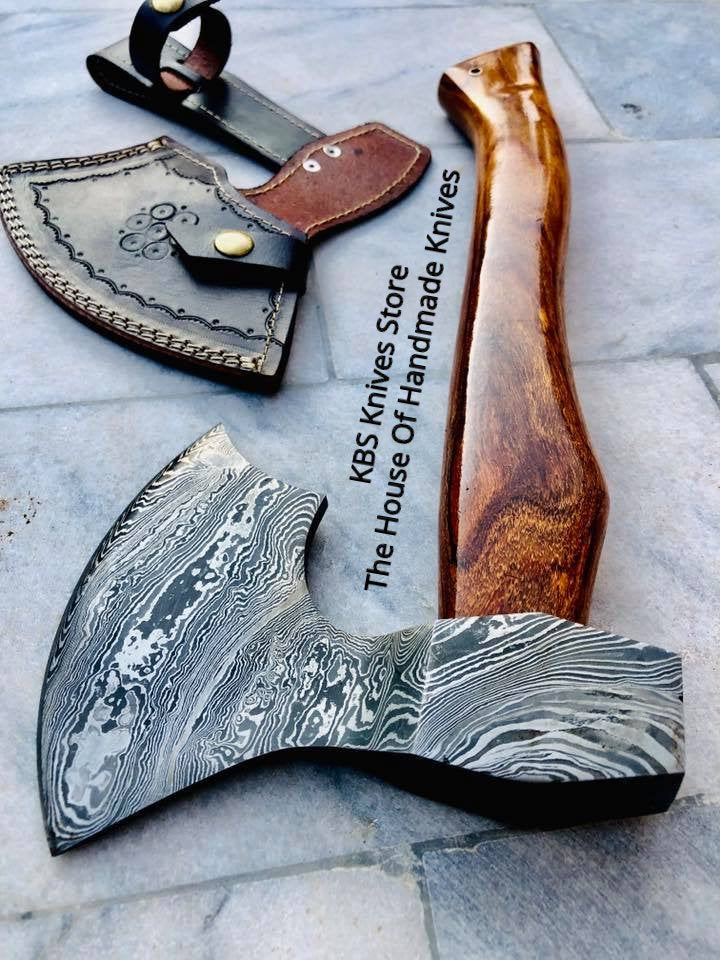 Custom Handmade Viking Axe with Damascus Steel Blade & Rosewood Handle - Leather Sheath Included - Korvel