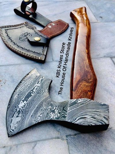 Custom Handmade Viking Axe with Damascus Steel Blade & Rosewood Handle - Leather Sheath Included - Korvel