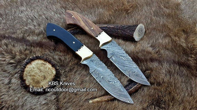 Set of 2 Exquisite Handmade 9-Inch Damascus Steel Hunting Knives - Rosewood & Buffalo Horn Handles - Korvel