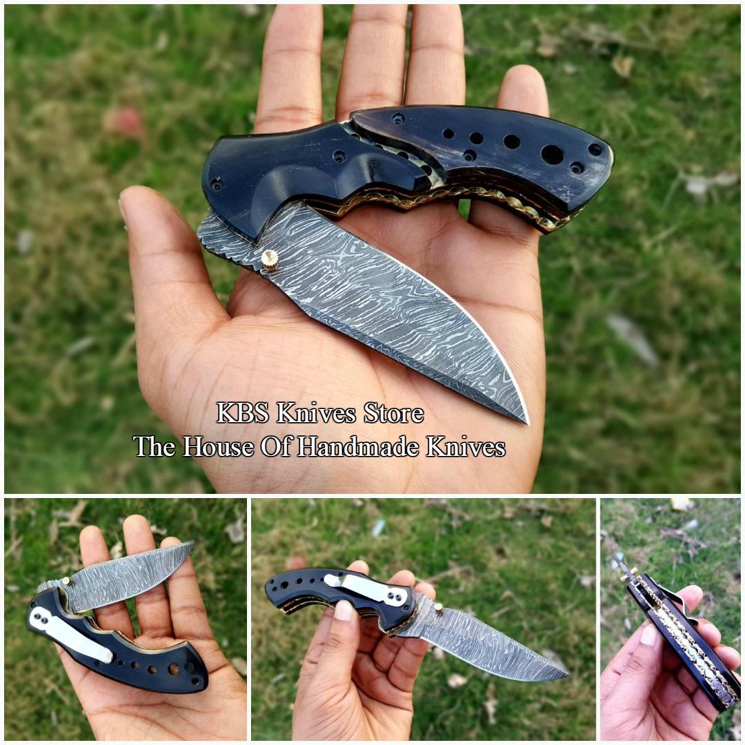 Premium Custom Damascus Steel EDC Folding Knife with Clip and Leather Case - Korvel