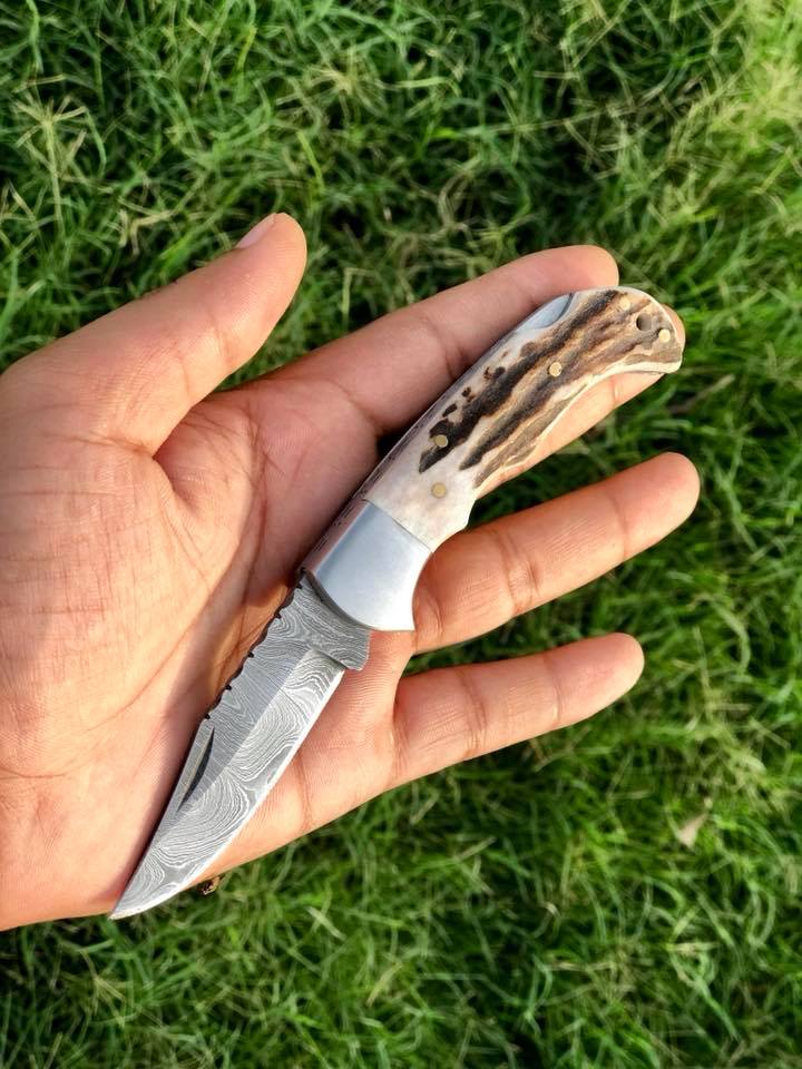 Exquisite Custom Handmade Damascus Steel EDC Pocket Knife with Antler Handle - Korvel