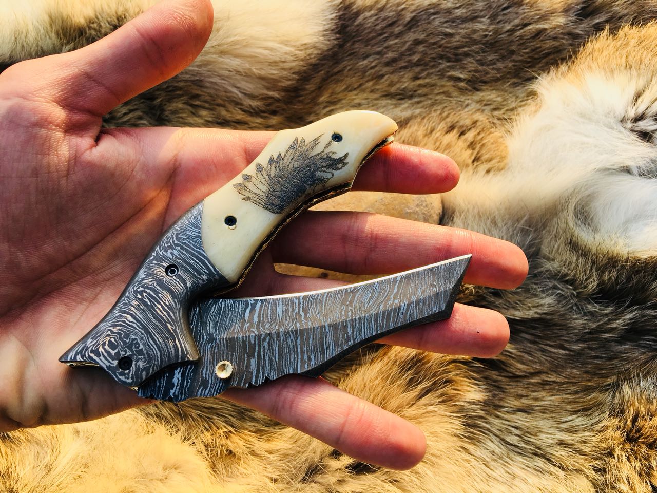 Personalized Damascus Steel Folding Pocket Knife with Engraved Bone Handle & Leather Case - Korvel