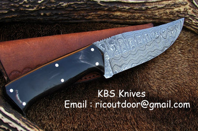 Premium 8-Inch Damascus Steel Hunting Knife with Buffalo Horn Grip | KBS Knives - Korvel