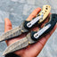 Premium Custom Damascus Steel EDC Folding Knife with Clip and Leather Case - Korvel