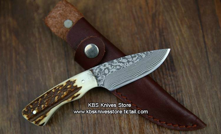 Premium Custom Twist Damascus Hunting Knife with Red Stag Handle - Korvel