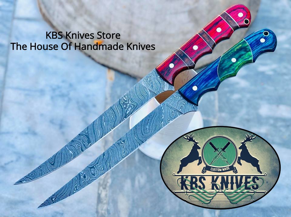 Exquisite 13-Inch Damascus Steel Fillet Boning Knife with Luxurious Wood Handle & Leather Sheath by KBS Knives - Korvel