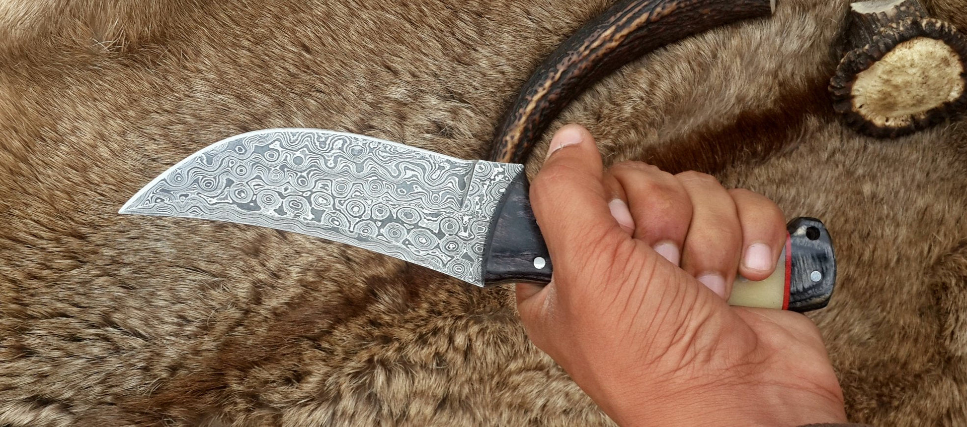 The Ultimate Hunter: Custom Damascus Steel Fixed-Blade Knife | Camel Bone & Exotic Wood | 10-Inch | KBS Knives - Korvel