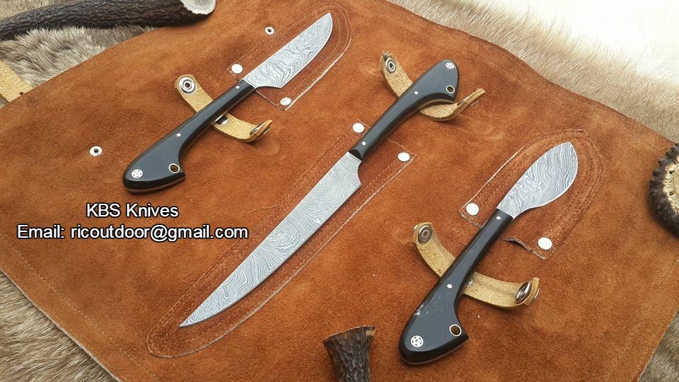 3-Piece Damascus Steel Hunting Knife Set with Buffalo Horn Handles – Outdoor Edge - Korvel