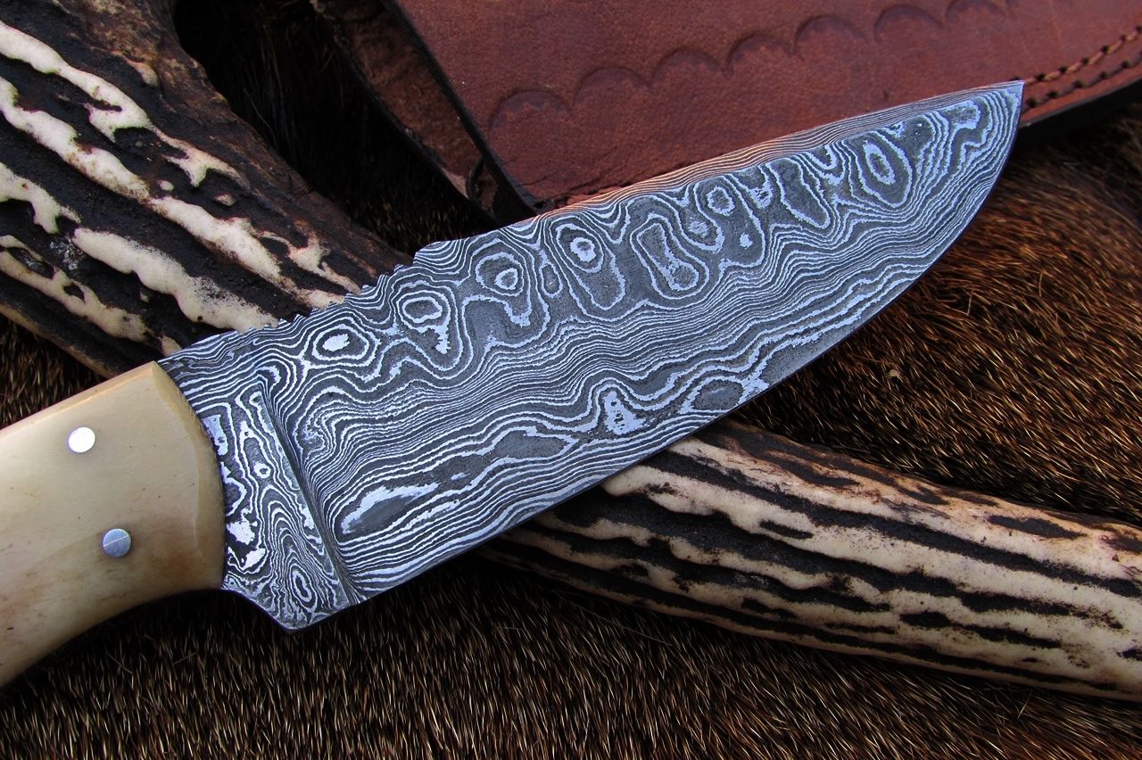 Premium Custom Damascus Deer Hunting Knife | 10" | Bone Grip | KBS Knives - Korvel