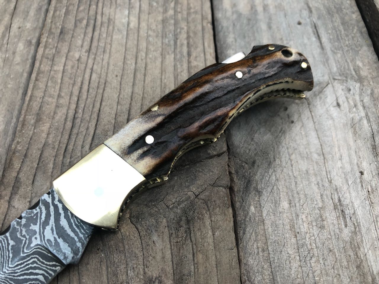 Exquisite Custom Handmade Damascus Steel EDC Folding Knife with Antler Handle - Korvel