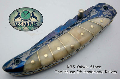 Artisan Patina Damascus EDC Folding Knife - Custom Handmade - Korvel