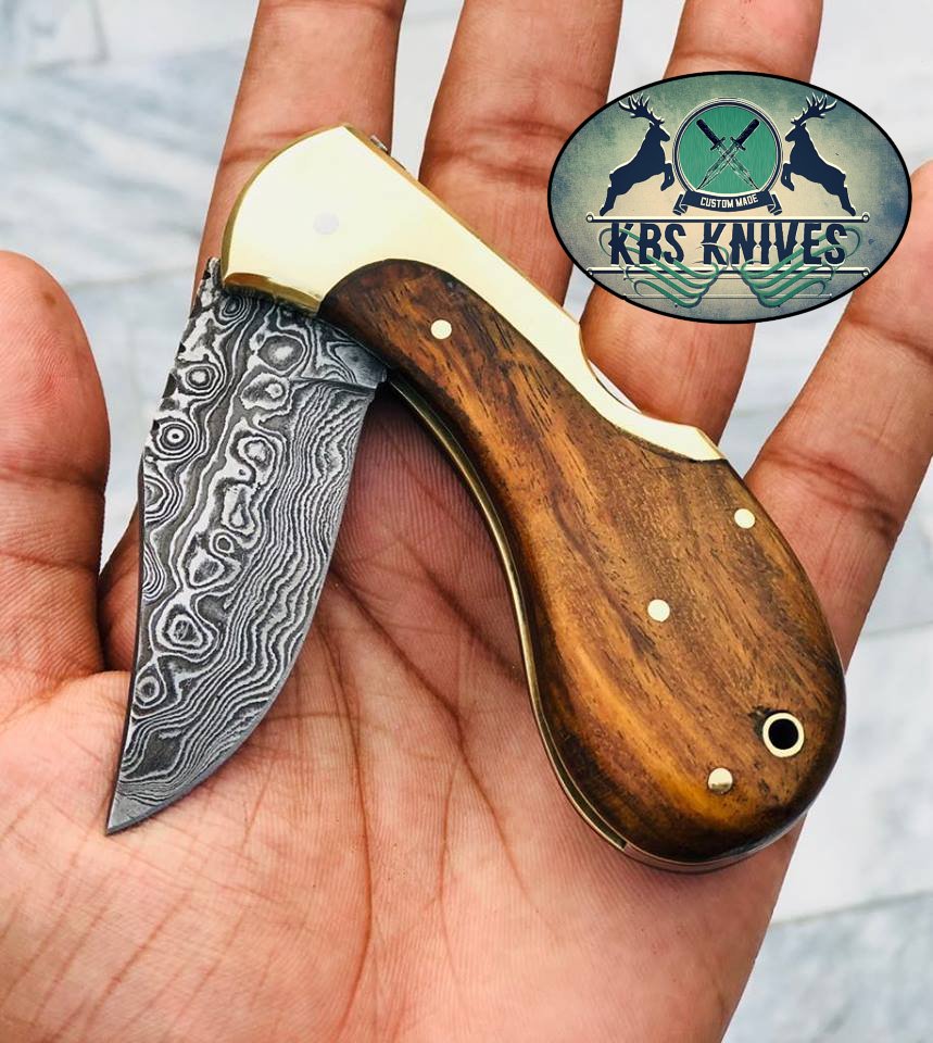 Exquisite Damascus Steel Folding Pocket Knife with Elegant Rosewood Handle - Korvel