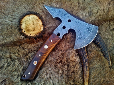 Artisan Crafted Damascus Mini Axe with Leather Sheath - Korvel