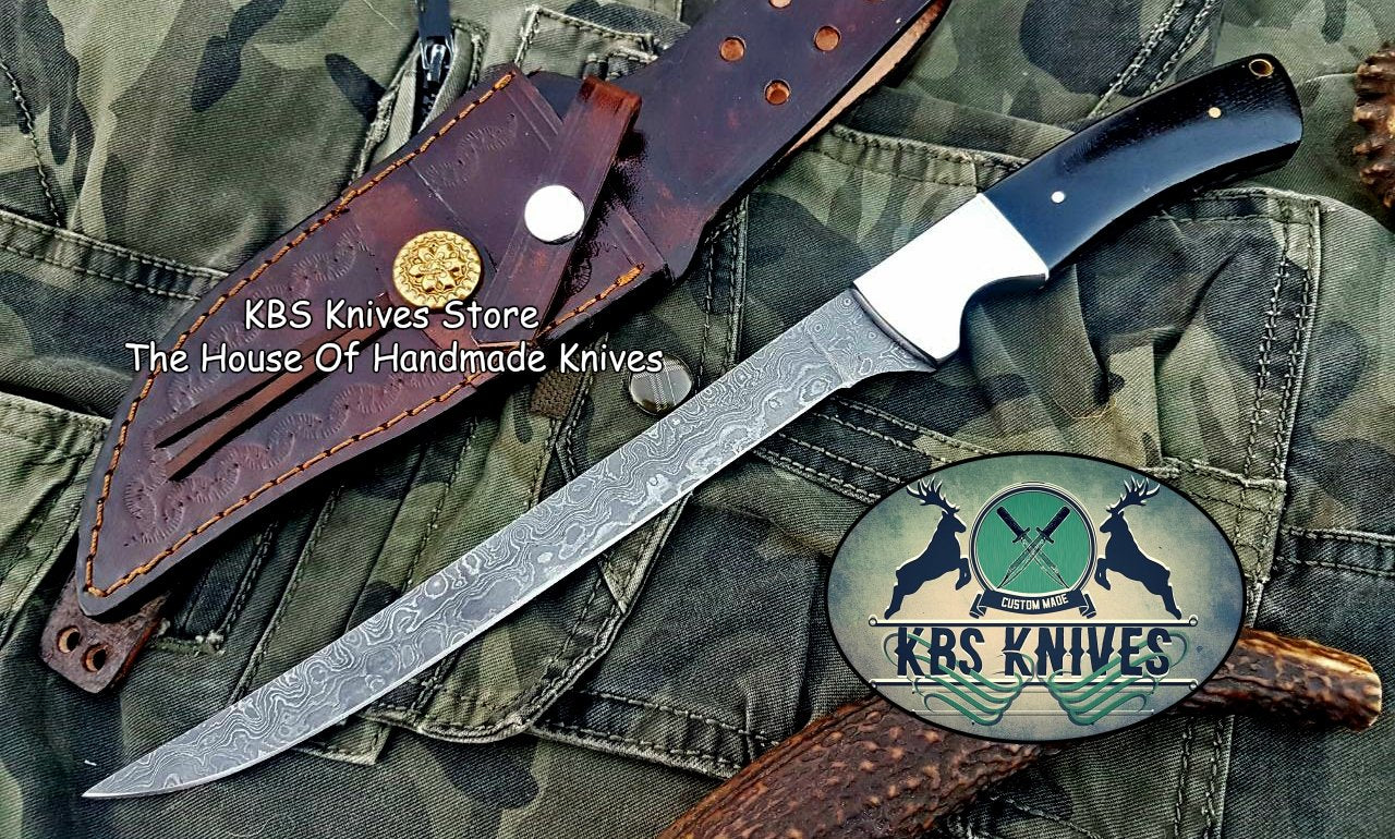 Premium Handmade Damascus Steel Fillet Knife with Black Micarta Handle - 13 Inches - Korvel