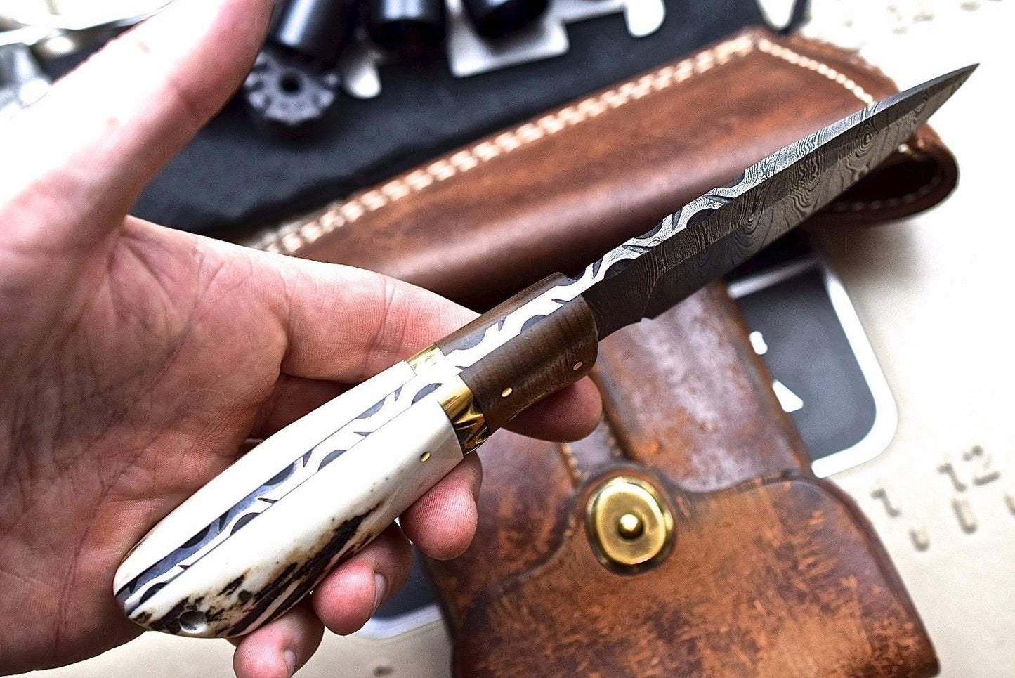 Exquisite Custom Damascus Wood Hunting Knife with New Zealand Red Stag Handle - Korvel