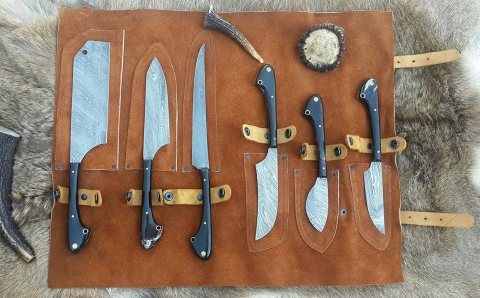 Artisan 6-Piece Damascus Steel Knife Collection with Buffalo Horn Handles for Game Processing - Korvel